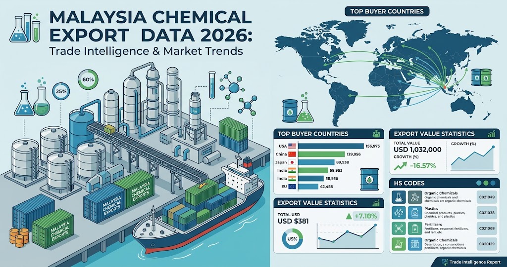 Malaysia Chemical Export Data 2026 infographic highlighting chemical exports, top buyer countries, HS codes, trade values, and market trends.