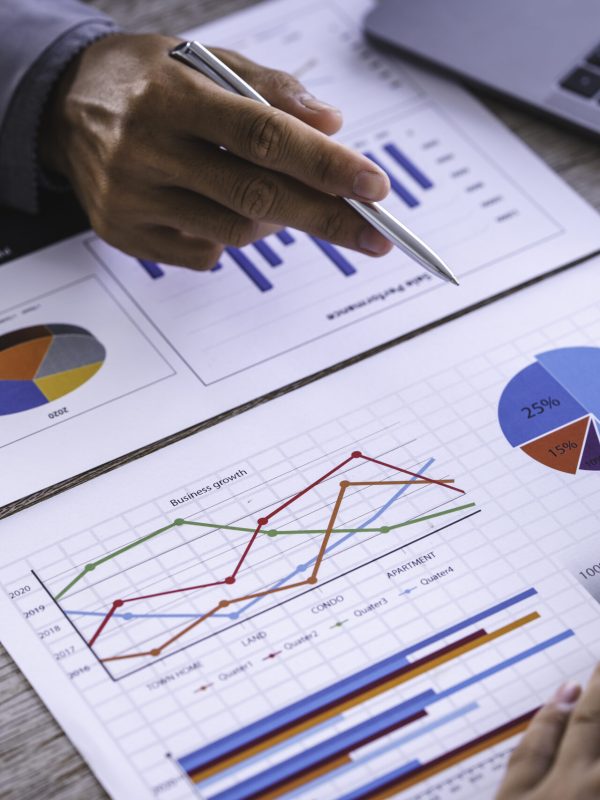 Finance manager meeting discussing company growth project success financial statistics, professional investor working start up project for strategy plan with document, laptop and digital tablet